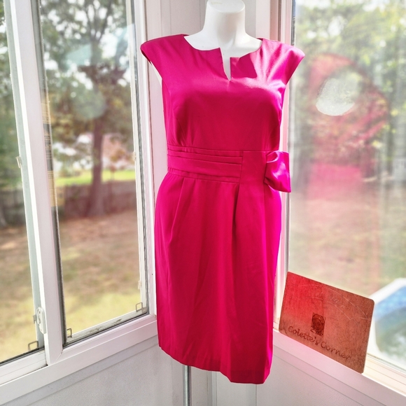 London Times Fushia Pink Midi Bow Tie Waist Dress - Picture 2 of 12